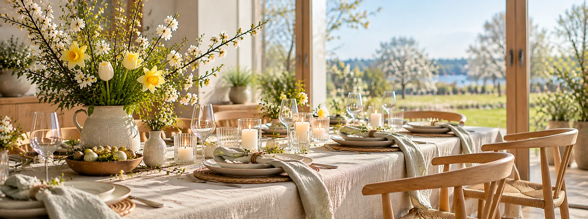 Forårspyntet frokostbord med blomstrende grene, påskeæg, levende lys og grønne servietter med udsigt til det fynske forårslandskab.