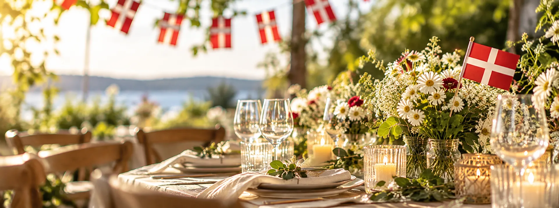 Festligt dækket fødselsdagsbord med blomster, levende lys og danske flag i grønne omgivelser.
