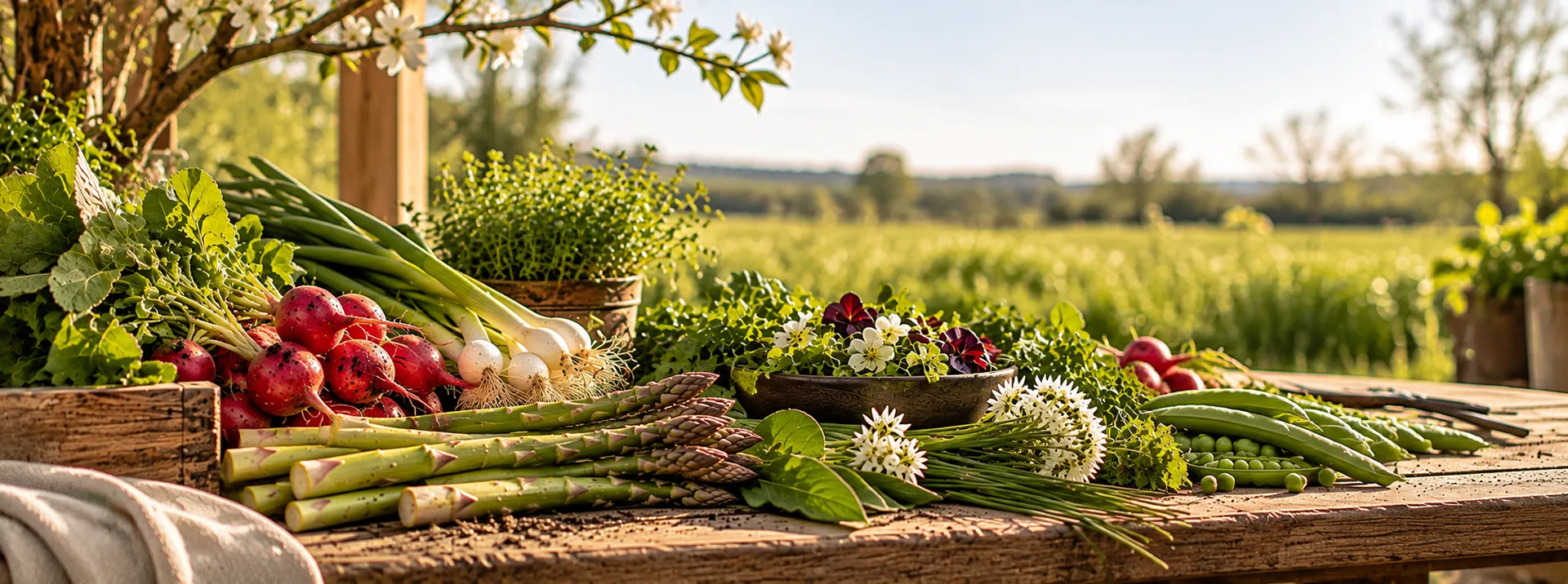 Forårets friske råvarer med grønne asparges, ærter, radiser, krydderurter og blomster på et rustikt træbord med udsigt over det grønne landskab.