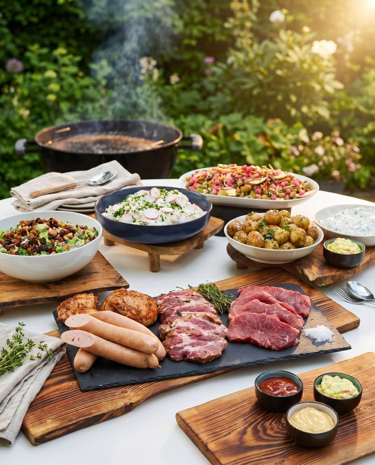 Grill selv-menu fra Kokkeriet Svensson med kød, kartofler og friske salater.